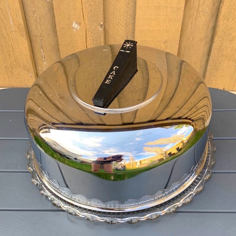 Vintage MCM Stainless Steel Retro Domed Cake Cover Lid with Black Atomic Handle